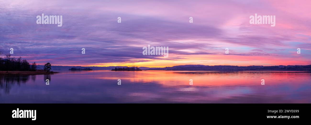 Panoramic Photo of lake Zurich at sunset, long exposure Stock Photo