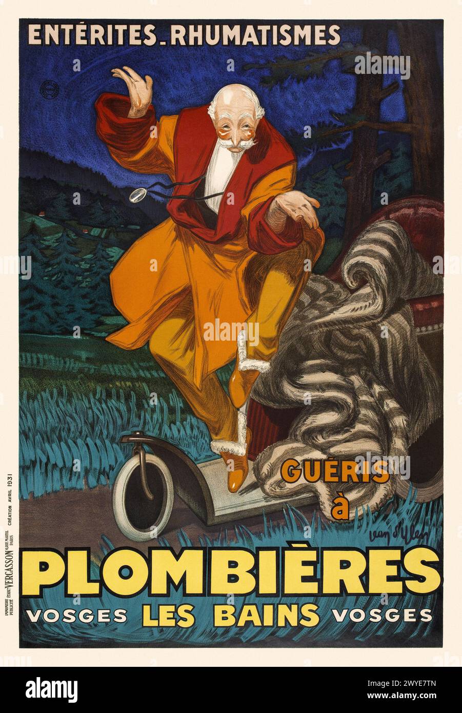 Entérites, rhumatismes guéris à Plombières les Bains by Jean d'Ylen (1886-1938). Poster published in 1931 in France. Stock Photo