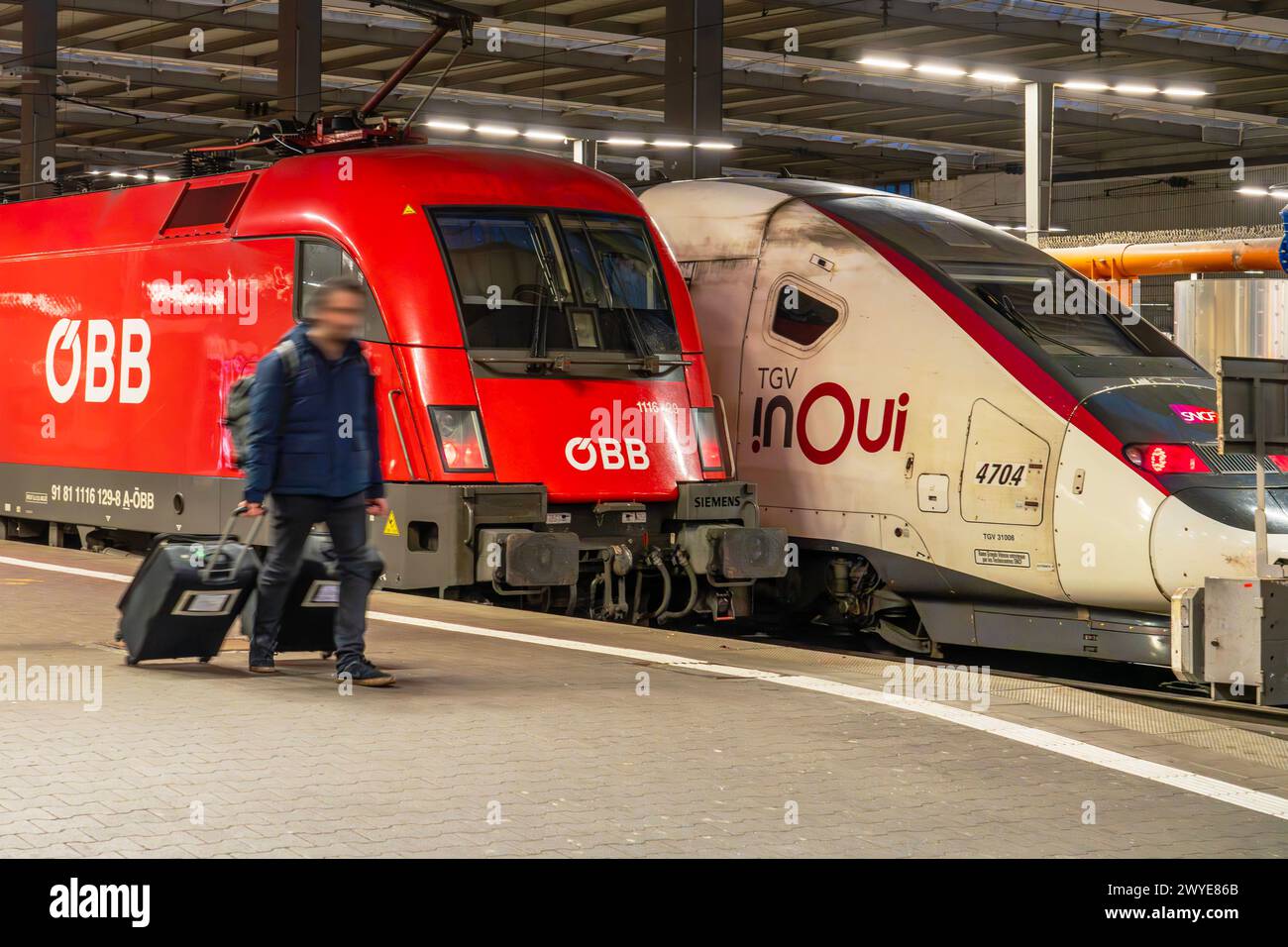 TGV nach Paris und ÖBBZug aus Wien im Münchner Hauptbahnhof, April 2024 Deutschland, München