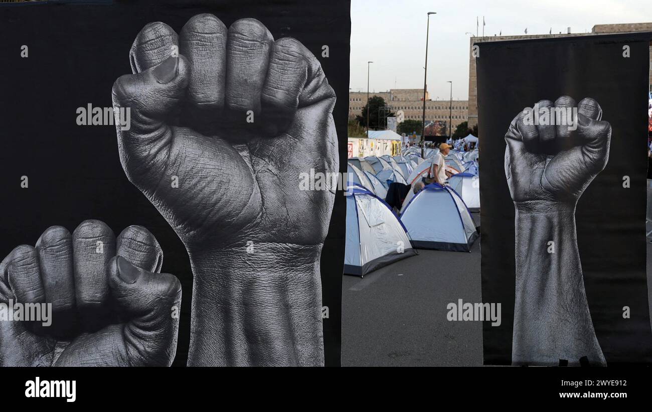 JERUSALEM - APRIL 1: Protestors set up hundreds of tents in front of the Knesset (Israeli Parliament) as anti government protestors stage a four-day sit-in demonstration calling for the release of Israeli hostages held in the Gaza Strip, and against Israeli prime Minister Benjamin Netanyahu and his government near the Knesset, Israeli parliament on April 1, 2024 in Jerusalem. Israel Stock Photo