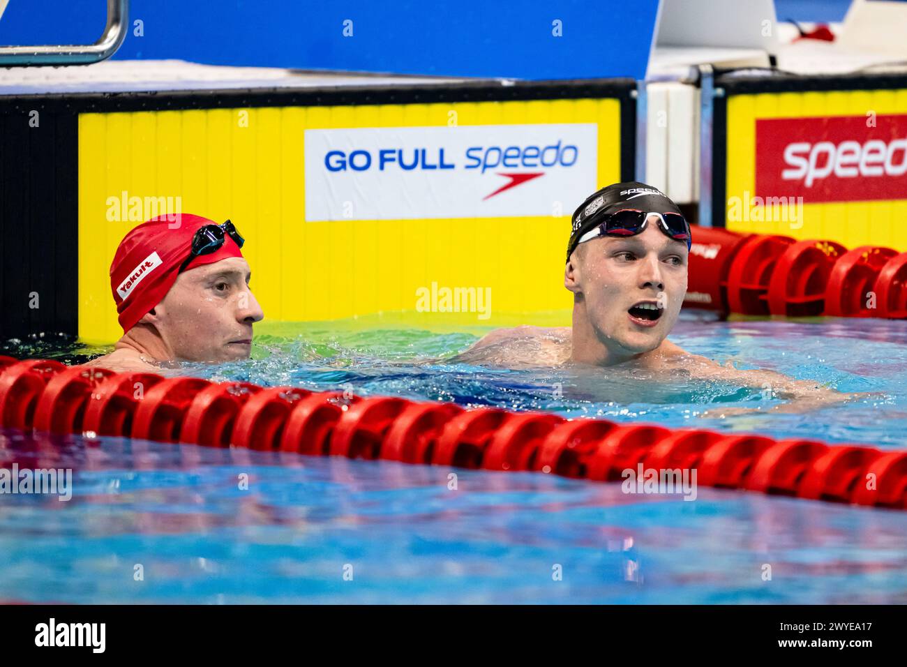 LONDON, UNITED KINGDOM. 05 April, 2024. Duncan Scott (right) and Max Litchfield (left) were looking for the result on the big screen after competed in Men’s 200m IM Paris Final during The Speedo Aquatics GB Swimming Championships 2024 - Day 4 at London Aquatics Centre on Friday, 05 April, 2024. LONDON ENGLAND. Credit: Taka G Wu/Alamy Live News Stock Photo