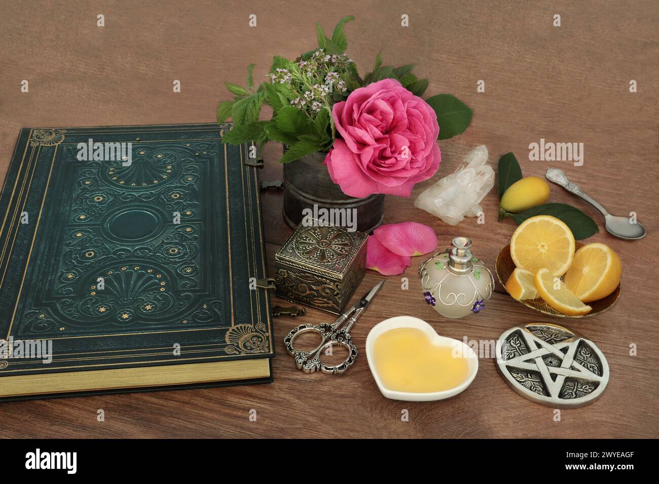 Love potion preparation for magic spell with ingredients of rose flower, quartz crystal, thyme, mint, lemon fruit, honey with book of spells. Stock Photo