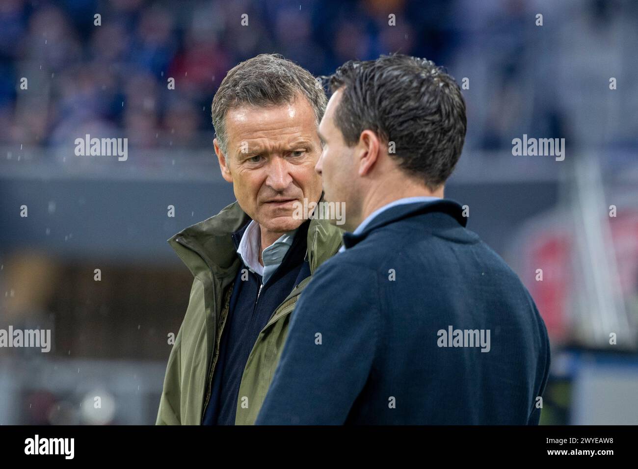 Paderborn, Germany. 05th Apr, 2024. Soccer: Bundesliga 2, SC Paderborn 07 - Hertha BSC, Matchday 28, Home Deluxe Arena: Berlin's managing director Thomas E. Herrich (l.) with sports director Benjamin Weber. Credit: David Inderlied/dpa - IMPORTANT NOTE: In accordance with the regulations of the DFL German Football League and the DFB German Football Association, it is prohibited to utilize or have utilized photographs taken in the stadium and/or of the match in the form of sequential images and/or video-like photo series./dpa/Alamy Live News Stock Photo