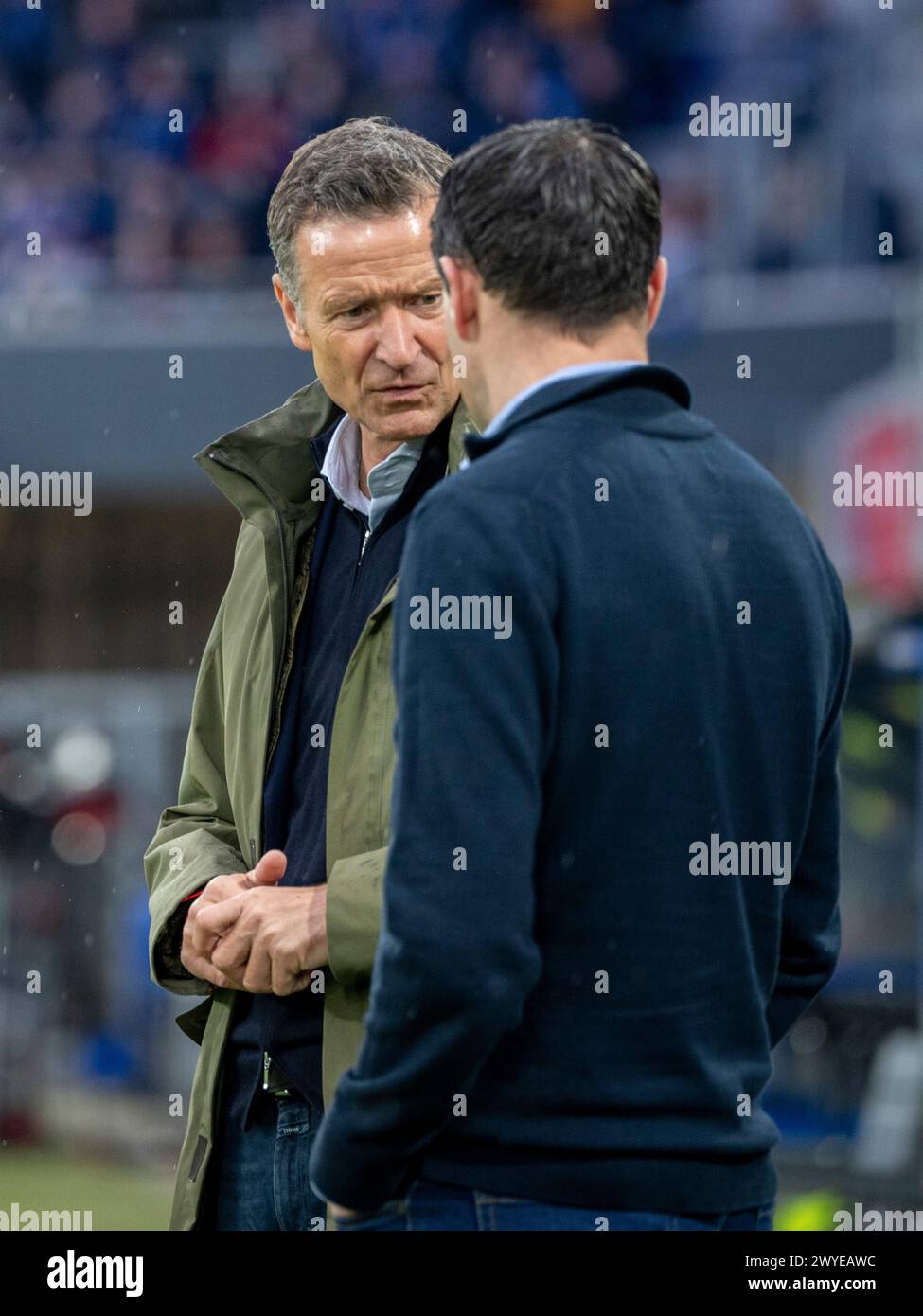 Paderborn, Germany. 05th Apr, 2024. Soccer: Bundesliga 2, SC Paderborn 07 - Hertha BSC, Matchday 28, Home Deluxe Arena: Berlin's managing director Thomas E. Herrich (l.) with sports director Benjamin Weber. Credit: David Inderlied/dpa - IMPORTANT NOTE: In accordance with the regulations of the DFL German Football League and the DFB German Football Association, it is prohibited to utilize or have utilized photographs taken in the stadium and/or of the match in the form of sequential images and/or video-like photo series./dpa/Alamy Live News Stock Photo