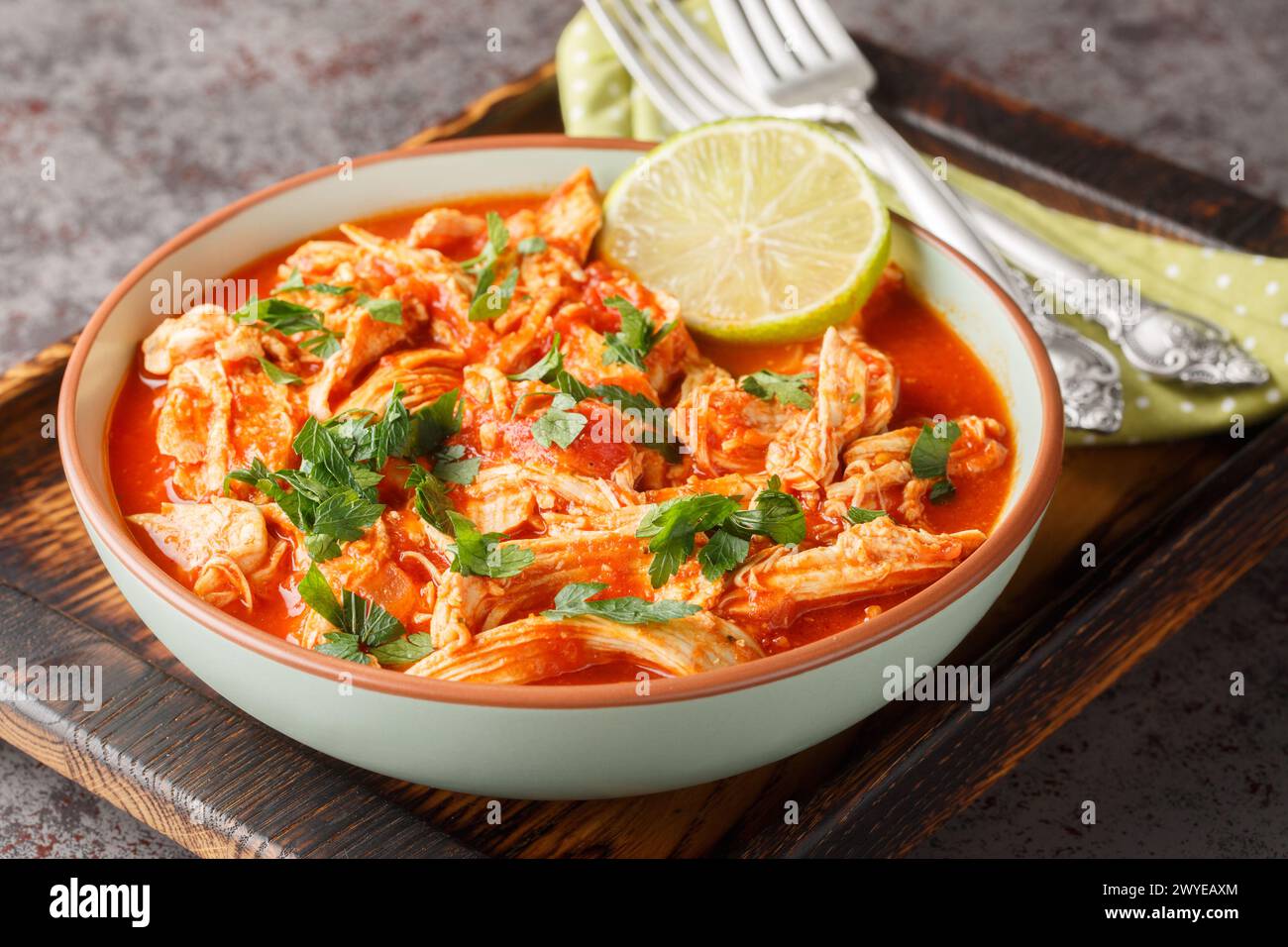 Mexican Baked shredded Chicken and tomato salsa close-up in a bowl on a wooden board. Horizontal Stock Photo
