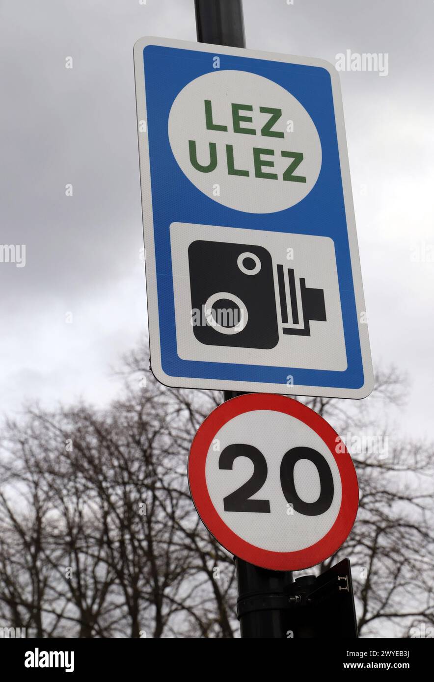 LEZ/ULEZ and 20 mph signs in London, England. Stock Photo
