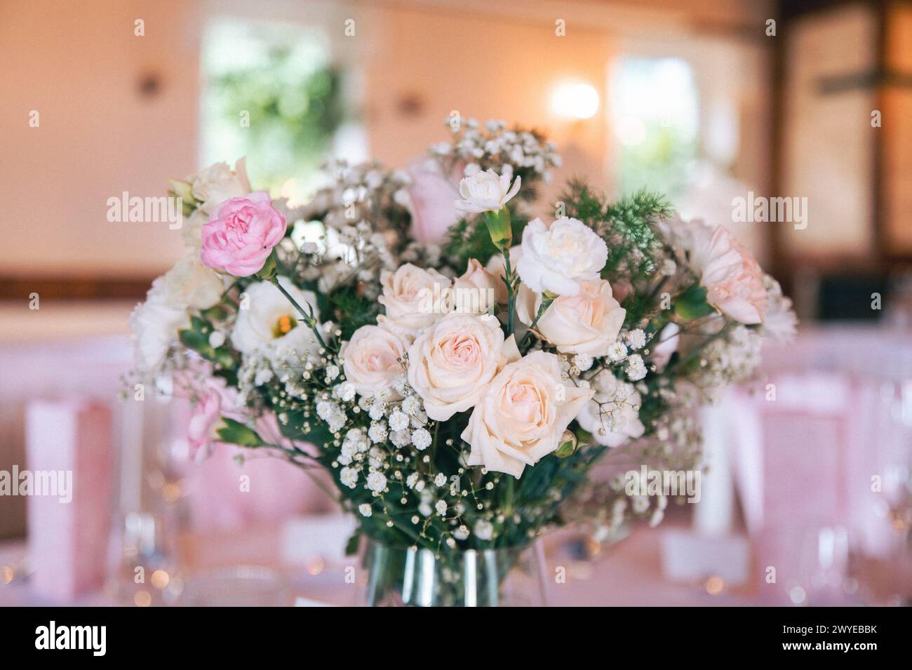Wedding bouquet in dining hall Stock Photo