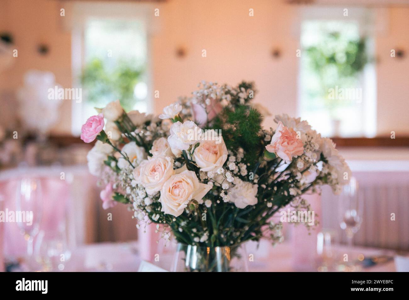 Wedding bouquet in dining hall Stock Photo