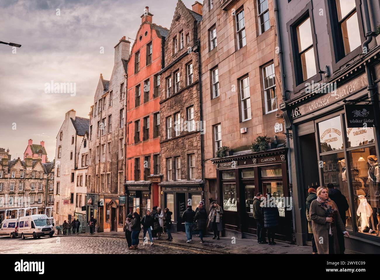 Edinburgh, Scotland - January 22nd, 2024: old buildings West Bow and Victoria Street in Edinburgh Old Town Stock Photo