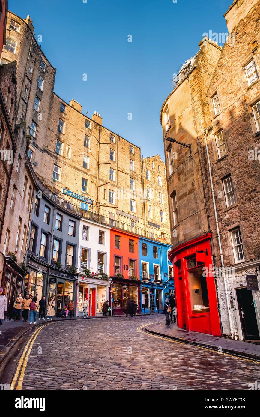 Edinburgh, Scotland - January 22nd, 2024: colorful store fronts and old architecture along West Bow and Victoria Street in Edinburgh Old Town Stock Photo