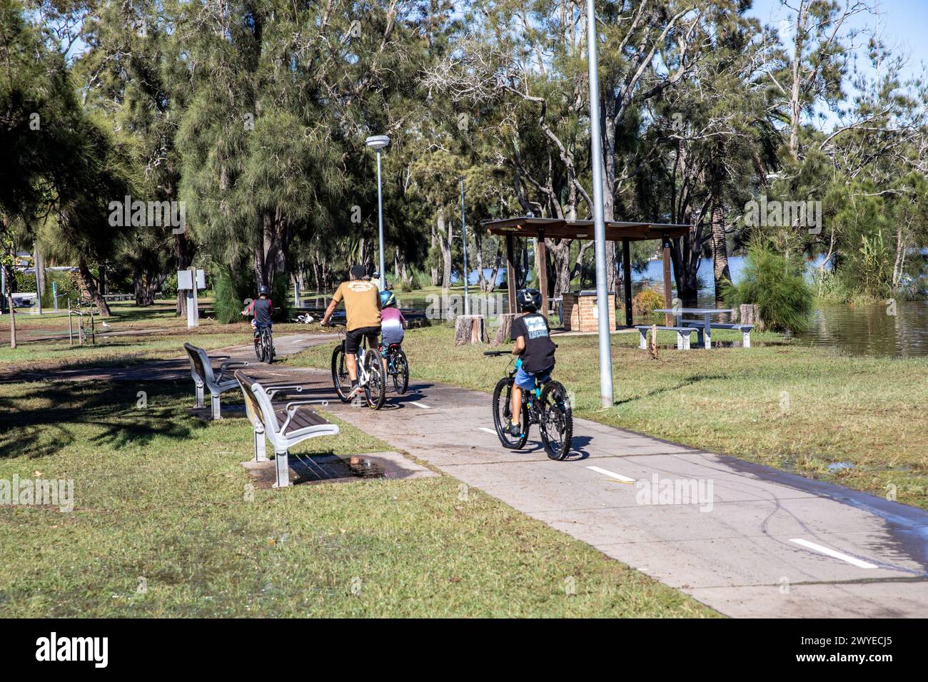 Sydney,Australia father and three sons ride their mountain bikes along