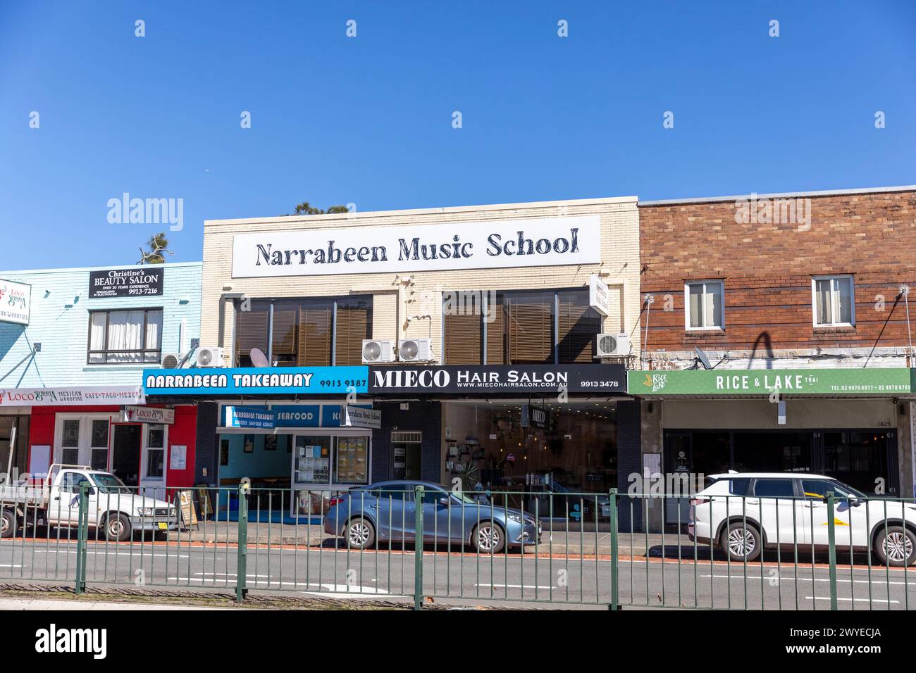Narrabeen suburb in Sydney, Narrabeen music school and shops stores on Pittwater Road,Sydney,NSW
