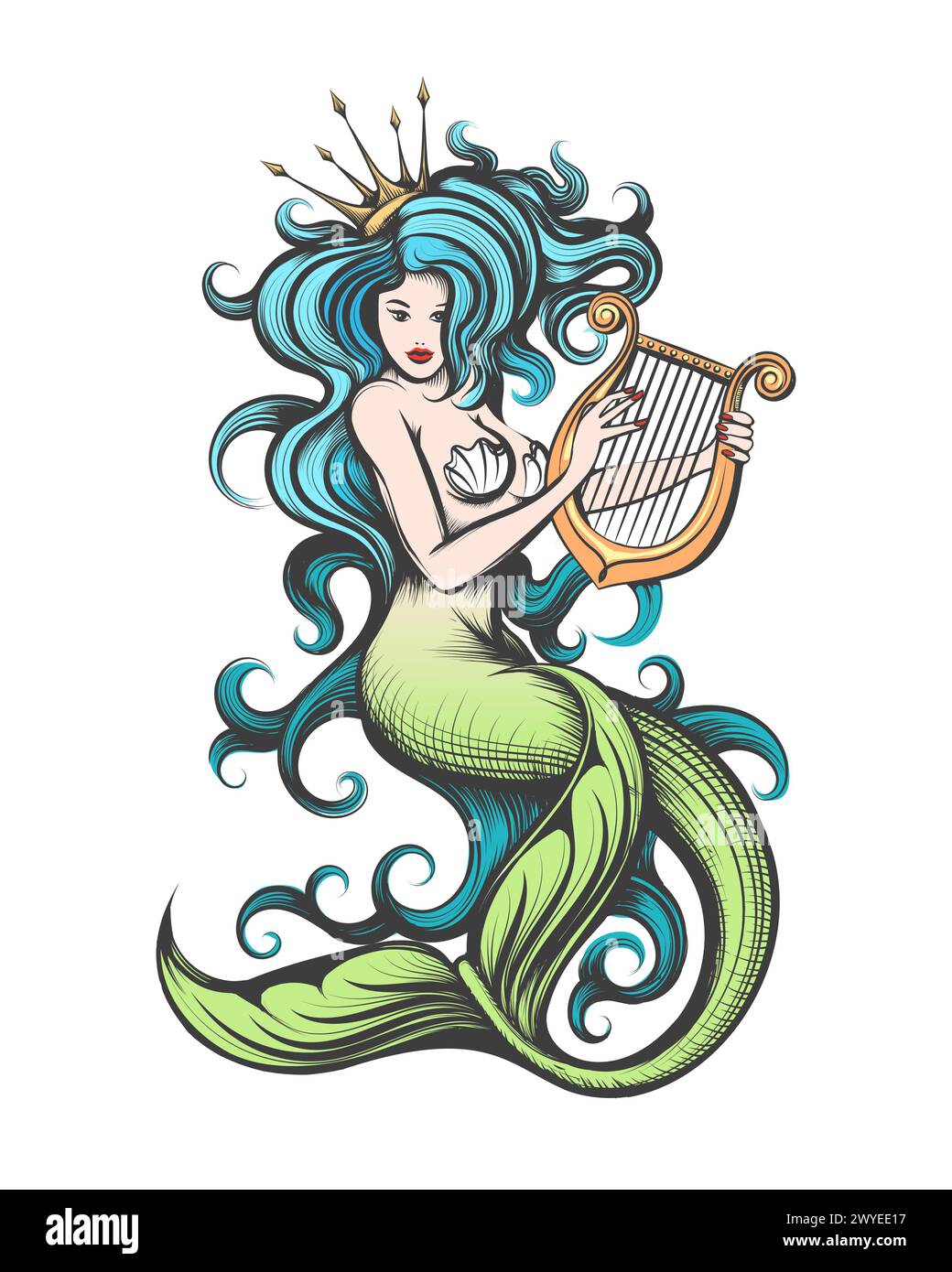 Long-Haired Pretty Mermaid with crown Plays the Harp. Engraving Tattoo Isolated on White Background. No AI was used. Stock Vector