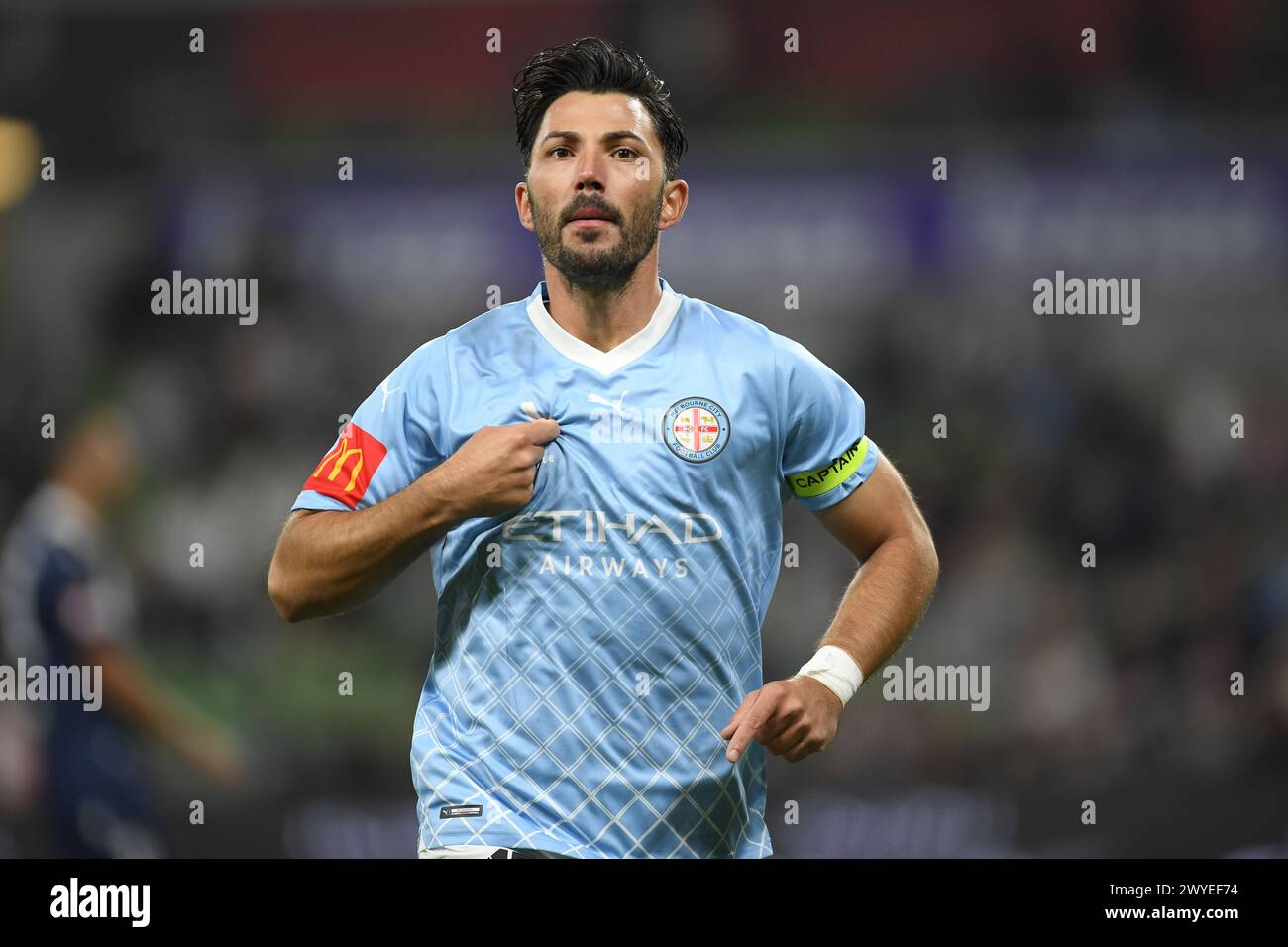 MELBOURNE, AUSTRALIA. 6 Apr 2024. Pictured: Melbourne City midfielder German Tolgay Arslan(10) celebrates after scoring a goal during the A Leagues Soccer, Melbourne Victory FC v Melbourne City FC at Melbourne's AAMI Park. Credit: Karl Phillipson/Alamy Live News Stock Photo