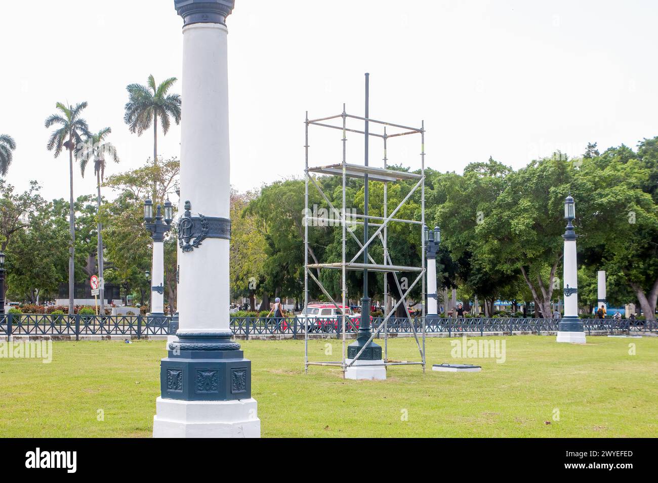 Scaffolding for repairing a square light pole in Havana, Cuba Stock Photo