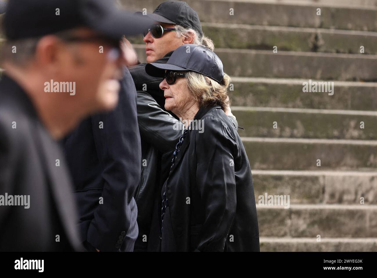 Paris, France. 06th Apr, 2024. Michele Marchand arriving to the funeral ceremony for French businessman Jean-Yves Le Fur at Saint Roch Church in Paris, France on April 6, 2024. Jean-Yves Le Fur, a businessman invested in the world of media, died at the age of 59 due to pancreatic cancer. He was former fiance of Princess Stephanie of Monaco and has a son, Diego with French actress and director Maiwenn, and was Kate Moss's godfather at her wedding to Jamie Hince. Photo by Nasser Berzane/ABACAPRESS.COM Credit: Abaca Press/Alamy Live News Stock Photo