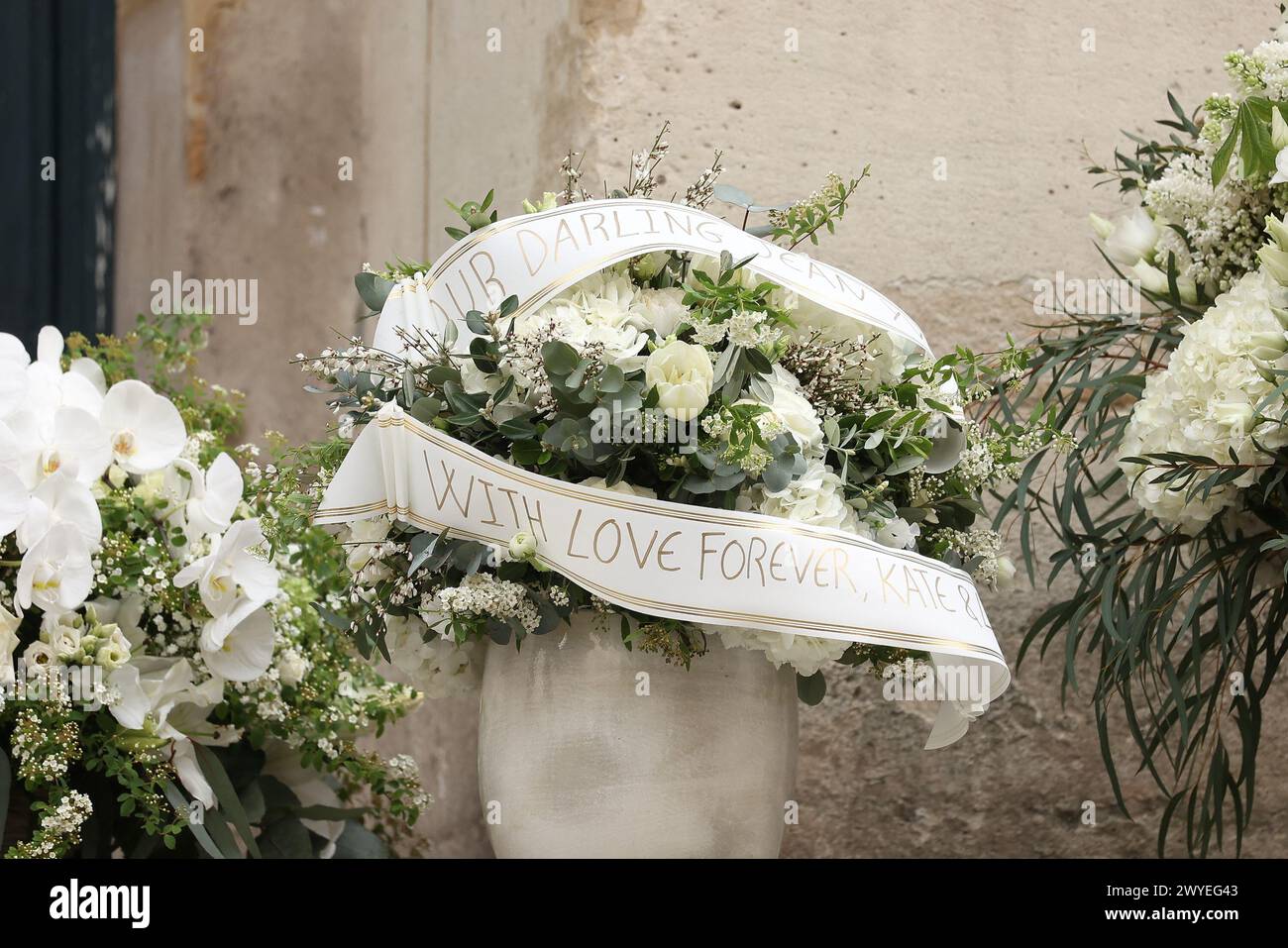 Paris, France. 06th Apr, 2024. Funeral ceremony for French businessman Jean-Yves Le Fur at Saint Roch Church in Paris, France on April 6, 2024. Jean-Yves Le Fur, a businessman invested in the world of media, died at the age of 59 due to pancreatic cancer. He was former fiance of Princess Stephanie of Monaco and has a son, Diego with French actress and director Maiwenn, and was Kate Moss's godfather at her wedding to Jamie Hince. Photo by Nasser Berzane/ABACAPRESS.COM Credit: Abaca Press/Alamy Live News Stock Photo