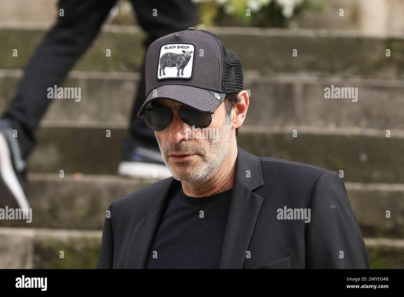 Paris, France. 06th Apr, 2024. Anthony Delon arriving to the funeral ceremony for French businessman Jean-Yves Le Fur at Saint Roch Church in Paris, France on April 6, 2024. Jean-Yves Le Fur, a businessman invested in the world of media, died at the age of 59 due to pancreatic cancer. He was former fiance of Princess Stephanie of Monaco and has a son, Diego with French actress and director Maiwenn, and was Kate Moss's godfather at her wedding to Jamie Hince. Photo by Nasser Berzane/ABACAPRESS.COM Credit: Abaca Press/Alamy Live News Stock Photo