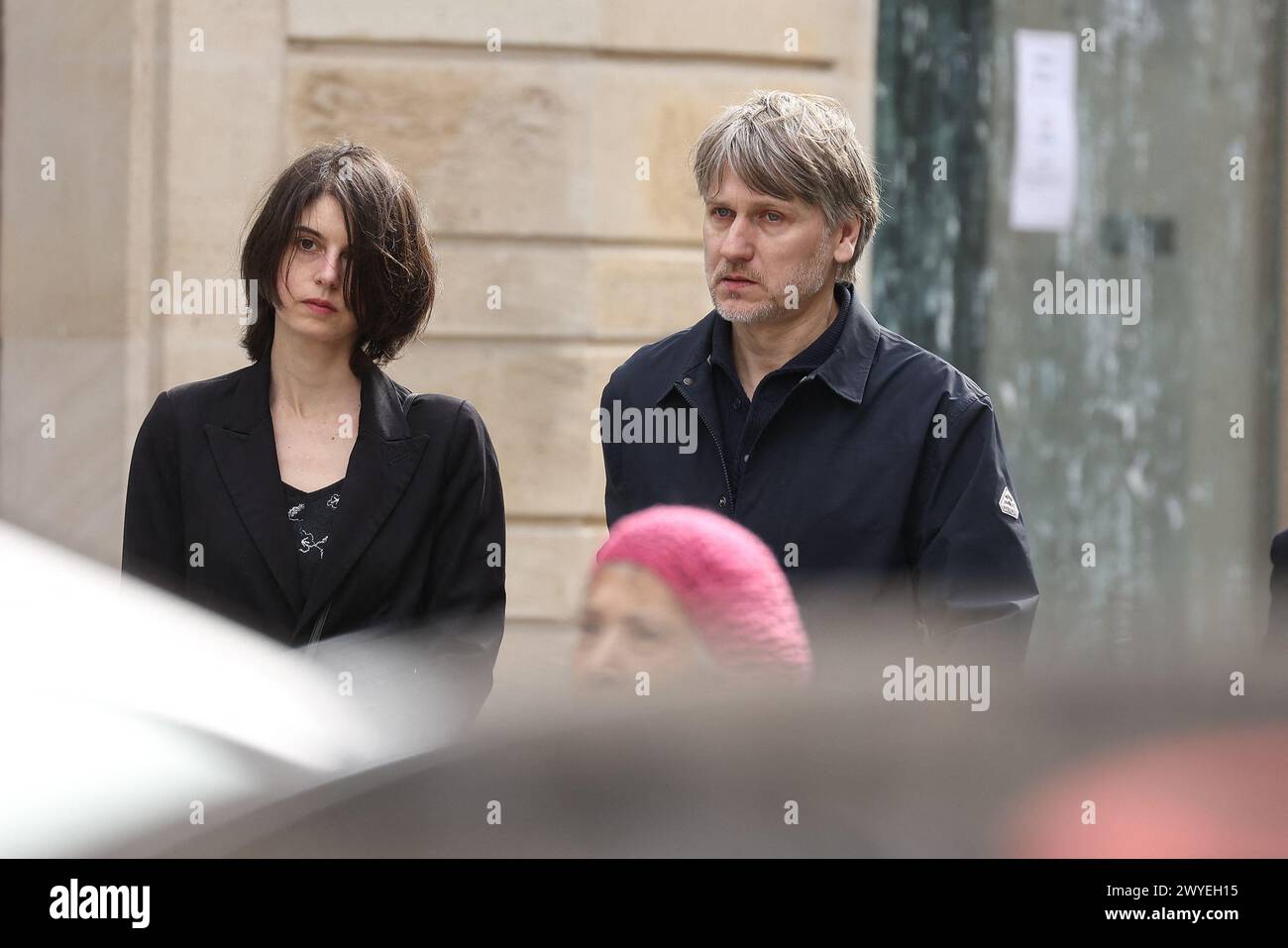 Paris, France. 06th Apr, 2024. Stanislas Merhar arriving to the funeral ceremony for French businessman Jean-Yves Le Fur at Saint Roch Church in Paris, France on April 6, 2024. Jean-Yves Le Fur, a businessman invested in the world of media, died at the age of 59 due to pancreatic cancer. He was former fiance of Princess Stephanie of Monaco and has a son, Diego with French actress and director Maiwenn, and was Kate Moss's godfather at her wedding to Jamie Hince. Photo by Nasser Berzane/ABACAPRESS.COM Credit: Abaca Press/Alamy Live News Stock Photo