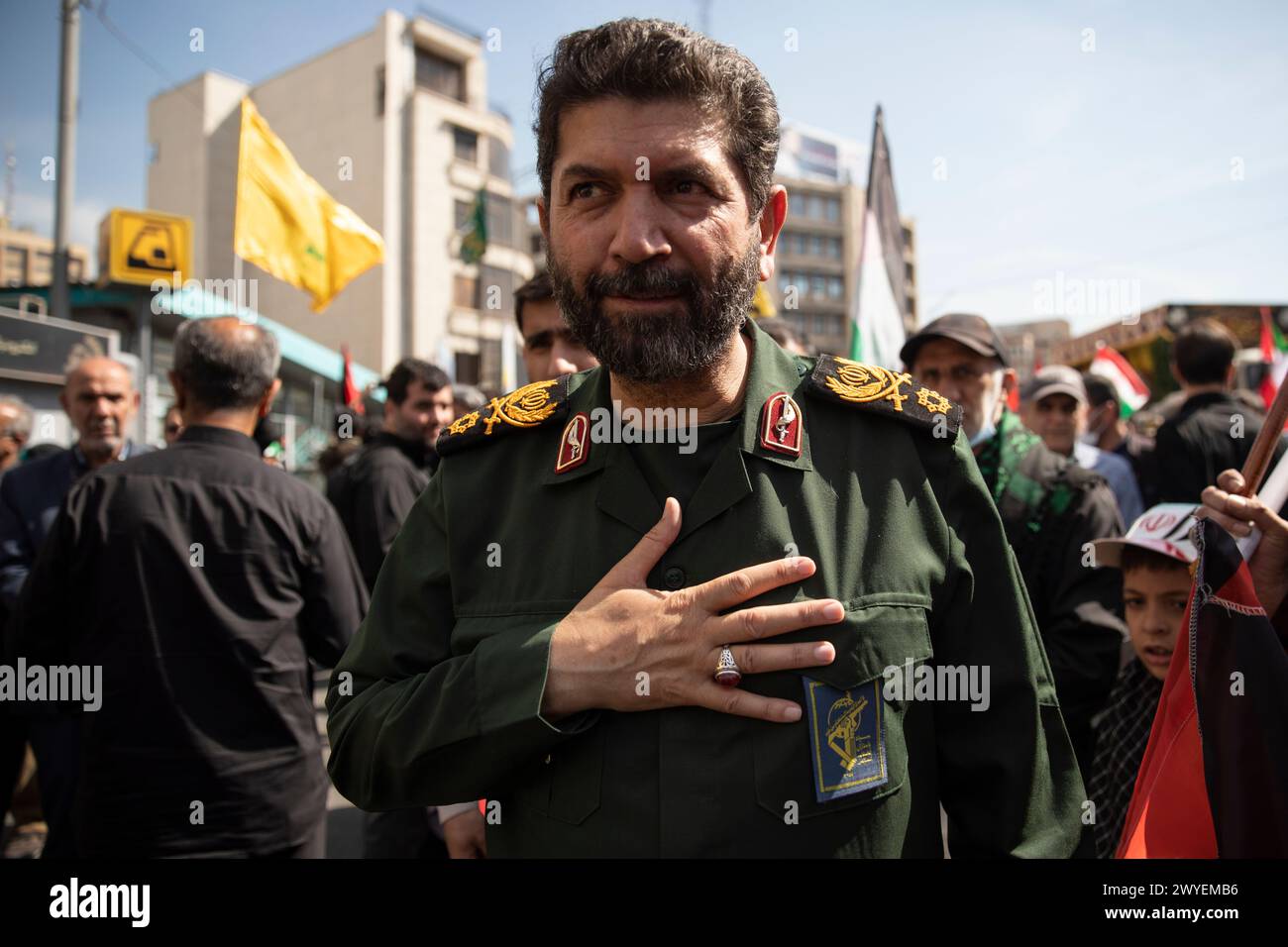 Tehran, Iran. 05th Apr, 2024. Gen. Hassan Hassanzadeh attends an annual rally to mark Quds Day, or Jerusalem Day, to support the Palestinians in Tehran, Iran, Friday, April 5, 2024. In the rally in Tehran, thousands attended a funeral procession for the seven Revolutionary Guard members killed in an airstrike widely attributed to Israel that destroyed Iran's Consulate in the Syrian capital on Monday. (Photo by Sobhan Farajvan/Pacific Press) Credit: Pacific Press Media Production Corp./Alamy Live News Stock Photo