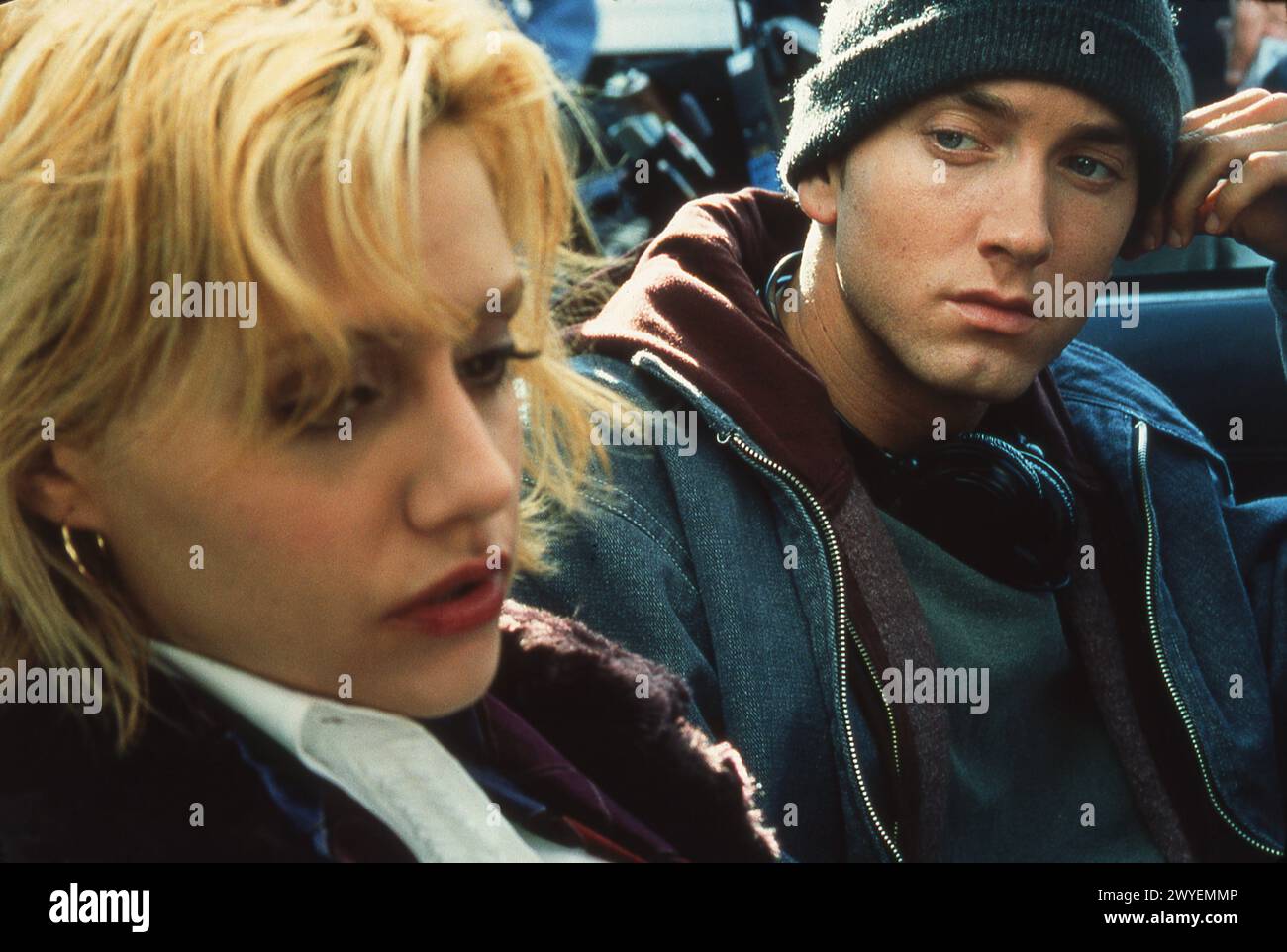 BRITTANY MURPHY and EMINEM in 8 MILE 2002 director CURTIS HANSON writer Scott Silver costume design Mark Bridges Imagine Entertainment / Interscope Films / Mikona Productions GmbH & Co. KG / Universal Pictures Stock Photo