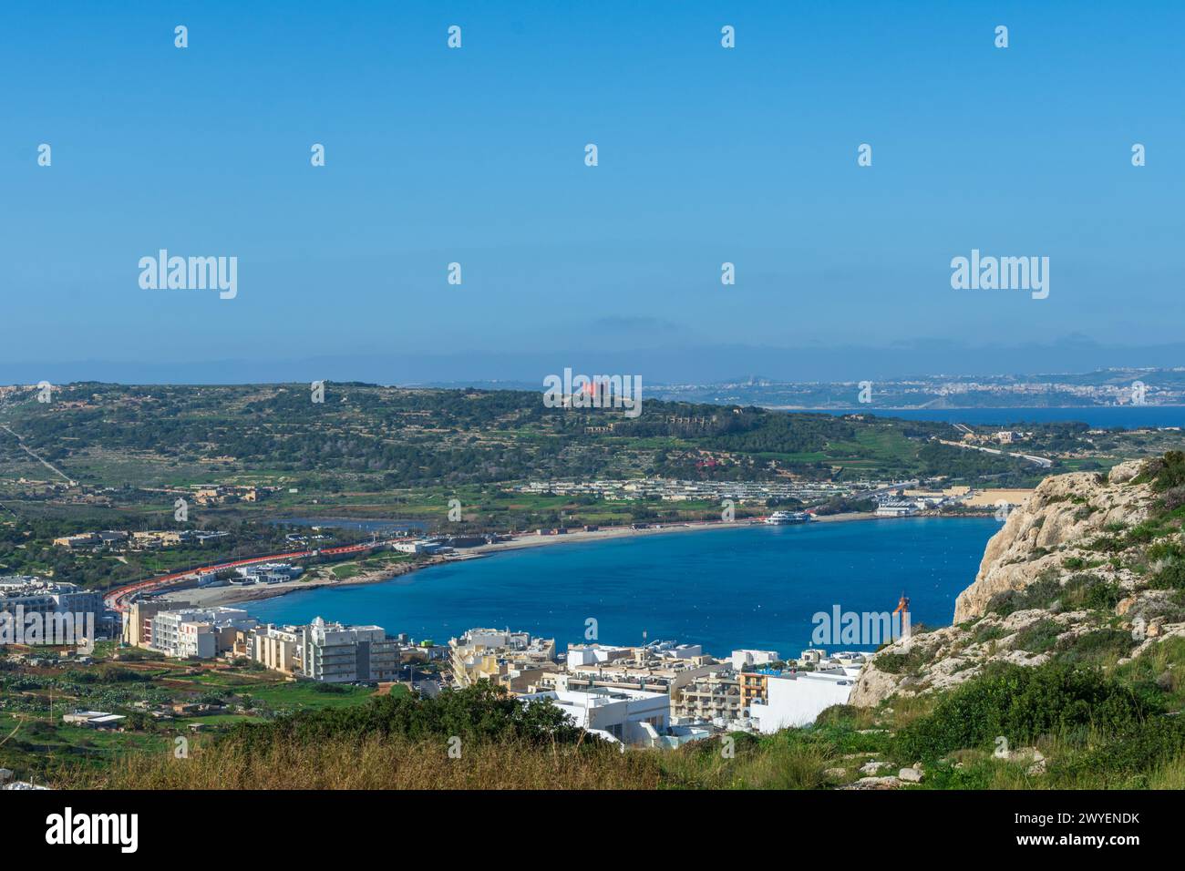 Mellieha, Malta - December 25th 2022: View of Ghadira Beach and Mellieha Bay. Stock Photo