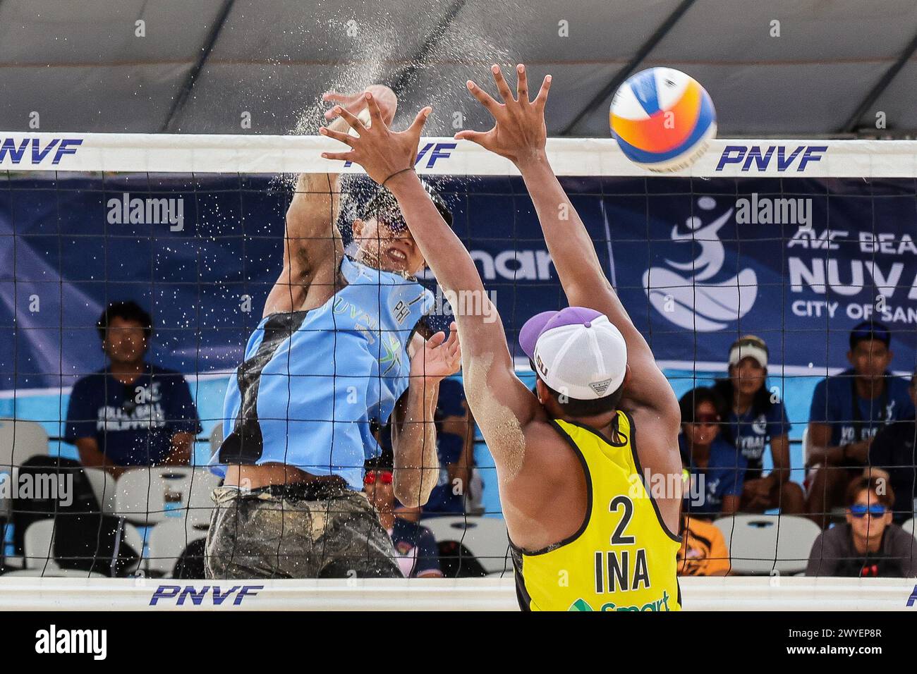 Laguna Province, Philippines. 6th Apr, 2024. James Buytrago (L) of the Philippines competes against Sofyan Efendi of Indonesia during the men's round of 16 match between James Buytrago/Rancel Varga of the Philippines and Bintang Akbar/Sofyan Efendi of Indonesia at the Asian Volleyball Confederation (AVC) Beach Tour Nuvali Open in Laguna Province, the Philippines, April 6, 2024. Credit: Rouelle Umali/Xinhua/Alamy Live News Stock Photo