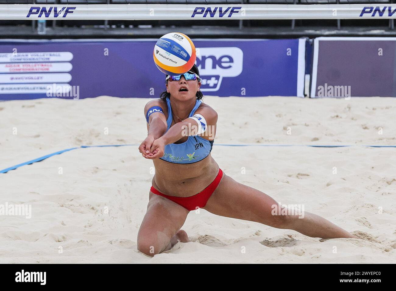 Laguna Province, Philippines. 6th Apr, 2024. Tsujimura Riko competes during the women's round of 16 match between Olivia MacDonald/Danielle Quigley of New Zealand and Tsujimura Riko/Nishibori Takemi of Japan at the Asian Volleyball Confederation (AVC) Beach Tour Nuvali Open in Laguna Province, the Philippines, April 6, 2024. Credit: Rouelle Umali/Xinhua/Alamy Live News Stock Photo