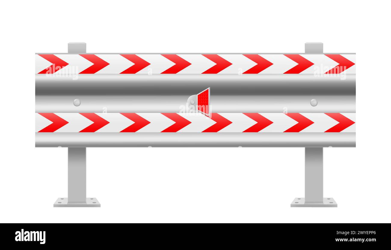 Metallic road barrier fence, isolated on white background. Design elements of the guardrails. Realistic 3d roadblock for safety on highway. Vector ill Stock Vector