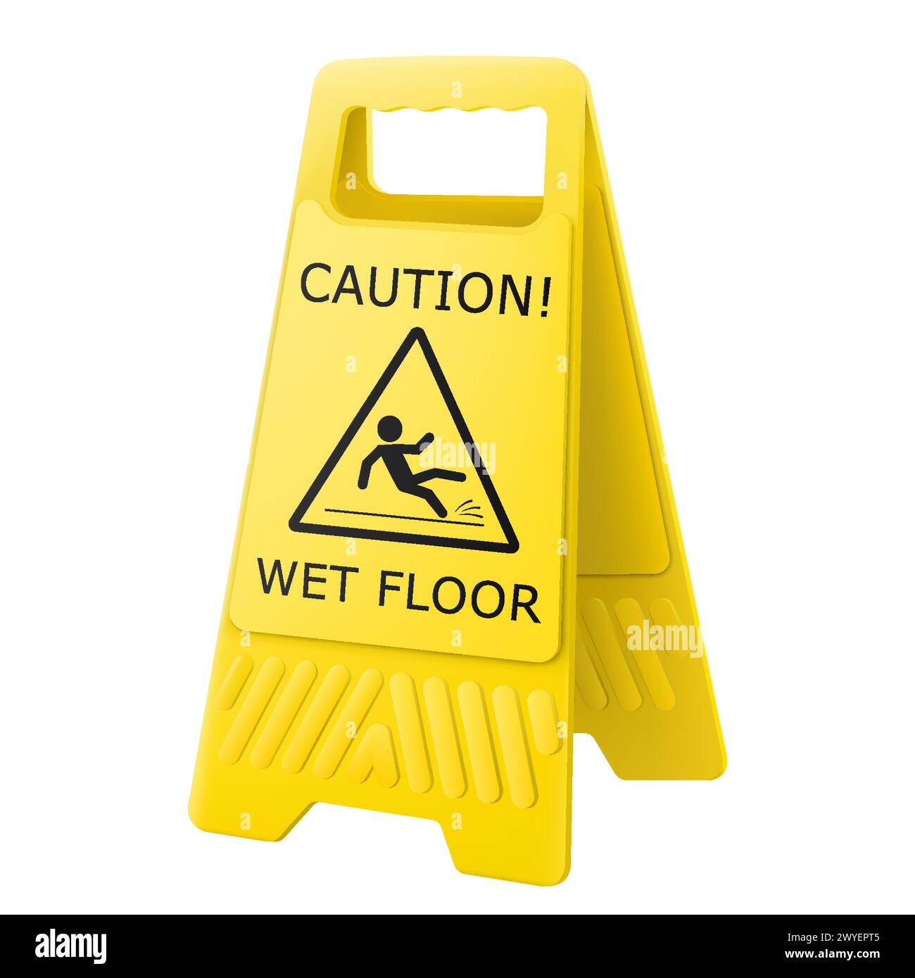 Wet floor caution sign isolated on white background. Double-sided folding yellow display stand with editable design. Slippery surface. Falling human p Stock Vector
