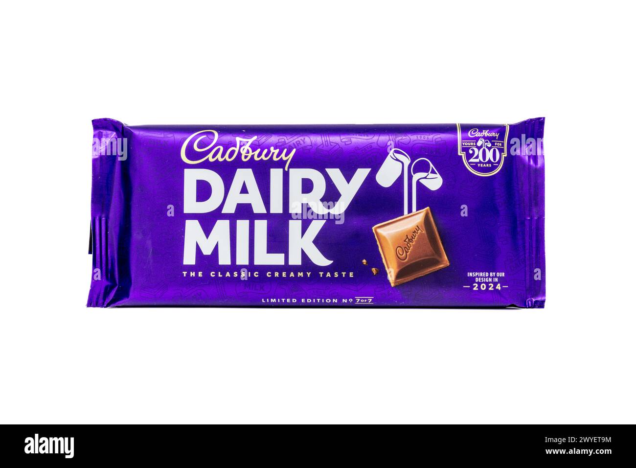 Cadbury Dairy Milk 2024 limited edition wrapper celebrating 200 years of Cadbury’s chocolate. Stock Photo