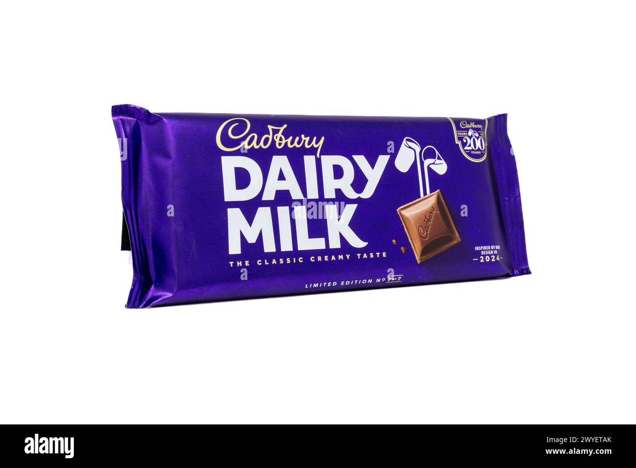 Cadbury Dairy Milk 2024 limited edition wrapper celebrating 200 years of Cadbury’s chocolate. Stock Photo