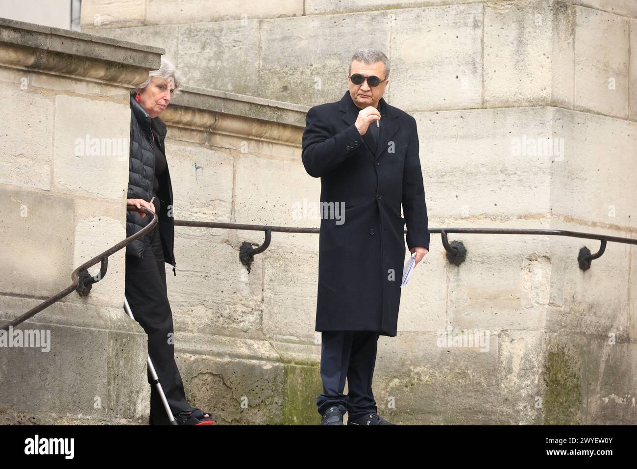 Paris, France. 06th Apr, 2024. Thomas Langmann arriving to the funeral ceremony for French businessman Jean-Yves Le Fur at Saint Roch Church in Paris, France on April 6, 2024. Jean-Yves Le Fur, a businessman invested in the world of media, died at the age of 59 due to pancreatic cancer. He was former fiance of Princess Stephanie of Monaco and has a son, Diego with French actress and director Maiwenn, and was Kate Moss's godfather at her wedding to Jamie Hince. Photo by Jerome Domine/ABACAPRESS.COM Credit: Abaca Press/Alamy Live News Stock Photo