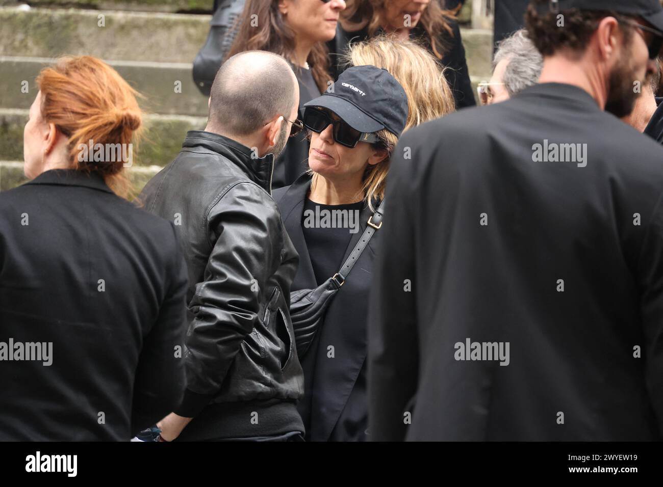Paris, France. 06th Apr, 2024. Marina Fois arriving to the funeral ceremony for French businessman Jean-Yves Le Fur at Saint Roch Church in Paris, France on April 6, 2024. Jean-Yves Le Fur, a businessman invested in the world of media, died at the age of 59 due to pancreatic cancer. He was former fiance of Princess Stephanie of Monaco and has a son, Diego with French actress and director Maiwenn, and was Kate Moss's godfather at her wedding to Jamie Hince. Photo by Jerome Domine/ABACAPRESS.COM Credit: Abaca Press/Alamy Live News Stock Photo