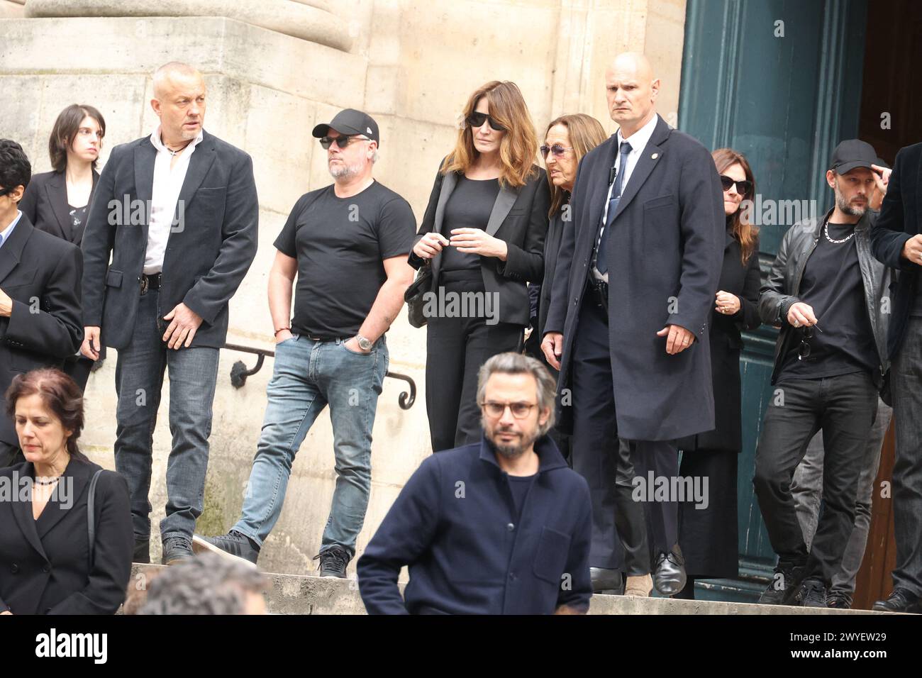 Paris, France. 06th Apr, 2024. Carla Bruni arriving to the funeral ceremony for French businessman Jean-Yves Le Fur at Saint Roch Church in Paris, France on April 6, 2024. Jean-Yves Le Fur, a businessman invested in the world of media, died at the age of 59 due to pancreatic cancer. He was former fiance of Princess Stephanie of Monaco and has a son, Diego with French actress and director Maiwenn, and was Kate Moss's godfather at her wedding to Jamie Hince. Photo by Jerome Domine/ABACAPRESS.COM Credit: Abaca Press/Alamy Live News Stock Photo
