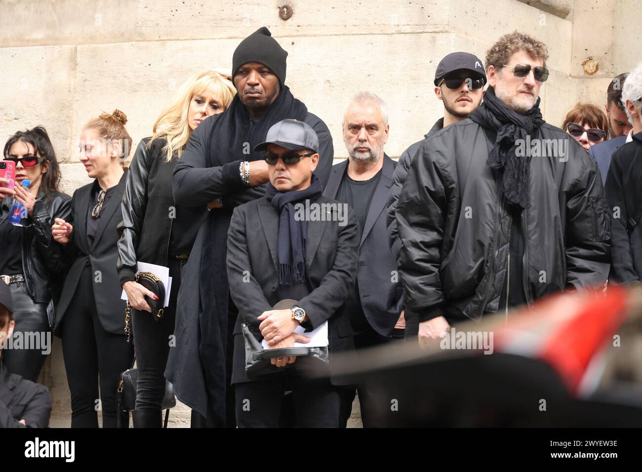 Paris, France. 06th Apr, 2024. Luc Besson arriving to the funeral ceremony for French businessman Jean-Yves Le Fur at Saint Roch Church in Paris, France on April 6, 2024. Jean-Yves Le Fur, a businessman invested in the world of media, died at the age of 59 due to pancreatic cancer. He was former fiance of Princess Stephanie of Monaco and has a son, Diego with French actress and director Maiwenn, and was Kate Moss's godfather at her wedding to Jamie Hince. Photo by Jerome Domine/ABACAPRESS.COM Credit: Abaca Press/Alamy Live News Stock Photo