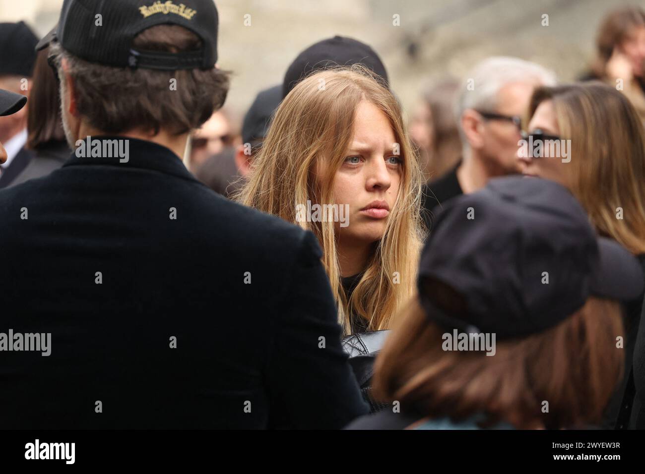 Paris, France. 06th Apr, 2024. Shanna Besson arriving to the funeral ceremony for French businessman Jean-Yves Le Fur at Saint Roch Church in Paris, France on April 6, 2024. Jean-Yves Le Fur, a businessman invested in the world of media, died at the age of 59 due to pancreatic cancer. He was former fiance of Princess Stephanie of Monaco and has a son, Diego with French actress and director Maiwenn, and was Kate Moss's godfather at her wedding to Jamie Hince. Photo by Jerome Domine/ABACAPRESS.COM Credit: Abaca Press/Alamy Live News Stock Photo