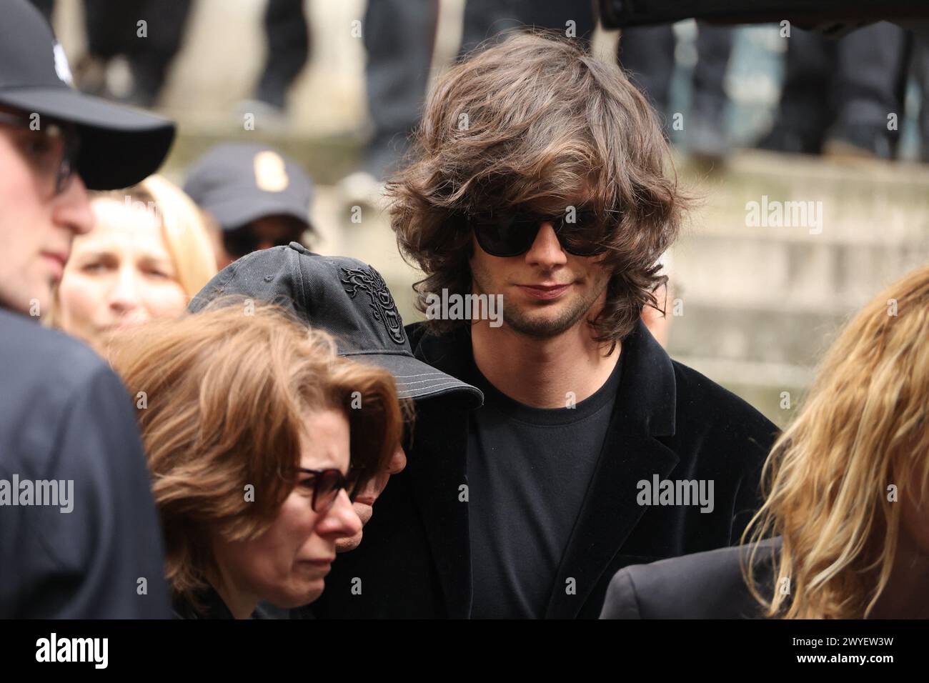 Paris, France. 06th Apr, 2024. Diego Le Fur arriving to the funeral ceremony for French businessman Jean-Yves Le Fur at Saint Roch Church in Paris, France on April 6, 2024. Jean-Yves Le Fur, a businessman invested in the world of media, died at the age of 59 due to pancreatic cancer. He was former fiance of Princess Stephanie of Monaco and has a son, Diego with French actress and director Maiwenn, and was Kate Moss's godfather at her wedding to Jamie Hince. Photo by Jerome Domine/ABACAPRESS.COM Credit: Abaca Press/Alamy Live News Stock Photo