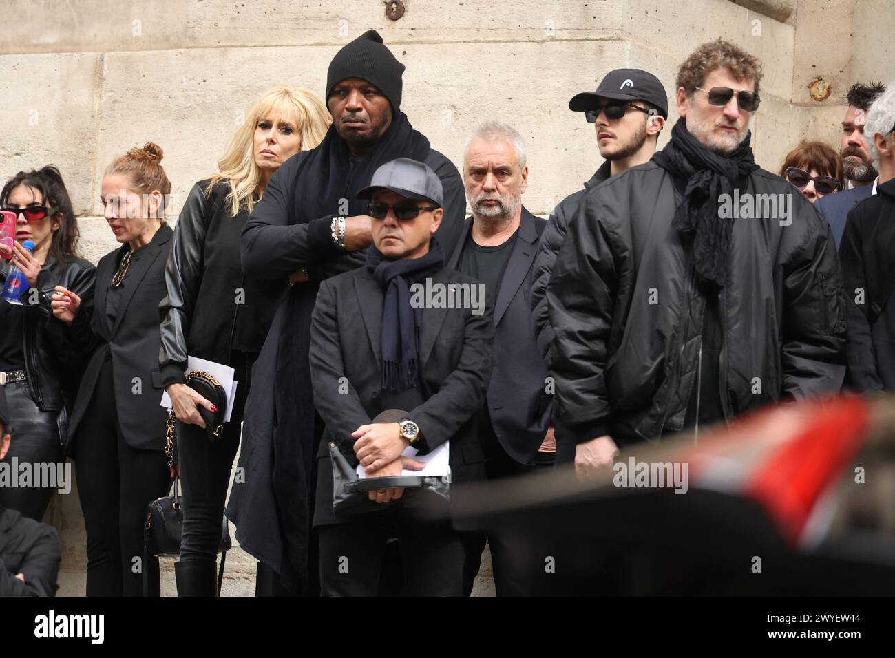 Paris, France. 06th Apr, 2024. Luc Besson arriving to the funeral ceremony for French businessman Jean-Yves Le Fur at Saint Roch Church in Paris, France on April 6, 2024. Jean-Yves Le Fur, a businessman invested in the world of media, died at the age of 59 due to pancreatic cancer. He was former fiance of Princess Stephanie of Monaco and has a son, Diego with French actress and director Maiwenn, and was Kate Moss's godfather at her wedding to Jamie Hince. Photo by Jerome Domine/ABACAPRESS.COM Credit: Abaca Press/Alamy Live News Stock Photo