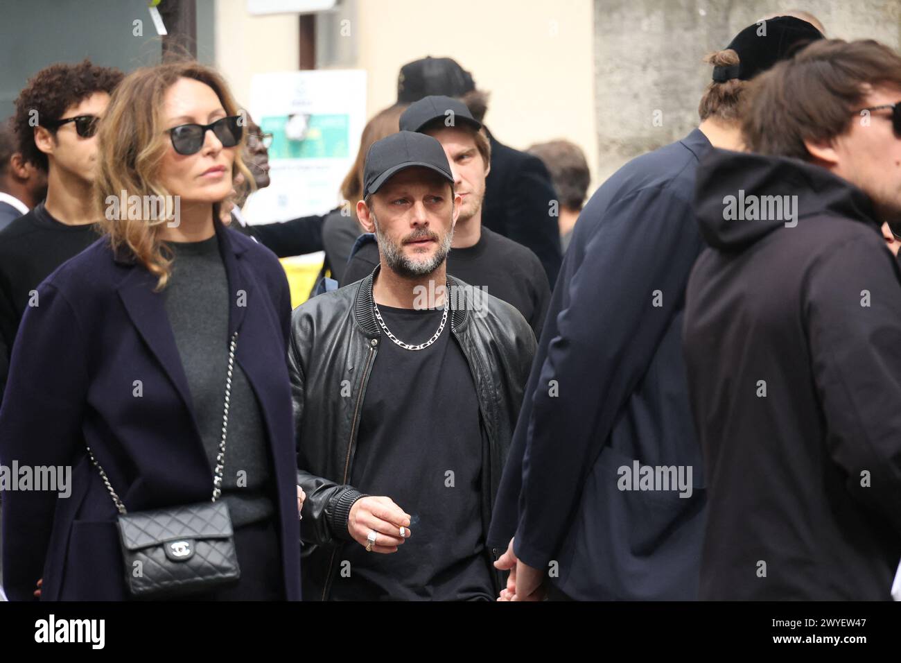 Paris, France. 06th Apr, 2024. Nicolas Duvauchelle arriving to the funeral ceremony for French businessman Jean-Yves Le Fur at Saint Roch Church in Paris, France on April 6, 2024. Jean-Yves Le Fur, a businessman invested in the world of media, died at the age of 59 due to pancreatic cancer. He was former fiance of Princess Stephanie of Monaco and has a son, Diego with French actress and director Maiwenn, and was Kate Moss's godfather at her wedding to Jamie Hince. Photo by Jerome Domine/ABACAPRESS.COM Credit: Abaca Press/Alamy Live News Stock Photo