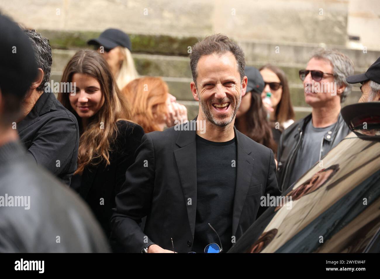 Paris, France. 06th Apr, 2024. Laurent Milchior arriving to the funeral ceremony for French businessman Jean-Yves Le Fur at Saint Roch Church in Paris, France on April 6, 2024. Jean-Yves Le Fur, a businessman invested in the world of media, died at the age of 59 due to pancreatic cancer. He was former fiance of Princess Stephanie of Monaco and has a son, Diego with French actress and director Maiwenn, and was Kate Moss's godfather at her wedding to Jamie Hince. Photo by Jerome Domine/ABACAPRESS.COM Credit: Abaca Press/Alamy Live News Stock Photo