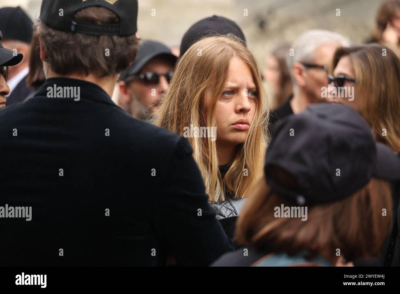 Paris, France. 06th Apr, 2024. Shanna Besson arriving to the funeral ceremony for French businessman Jean-Yves Le Fur at Saint Roch Church in Paris, France on April 6, 2024. Jean-Yves Le Fur, a businessman invested in the world of media, died at the age of 59 due to pancreatic cancer. He was former fiance of Princess Stephanie of Monaco and has a son, Diego with French actress and director Maiwenn, and was Kate Moss's godfather at her wedding to Jamie Hince. Photo by Jerome Domine/ABACAPRESS.COM Credit: Abaca Press/Alamy Live News Stock Photo