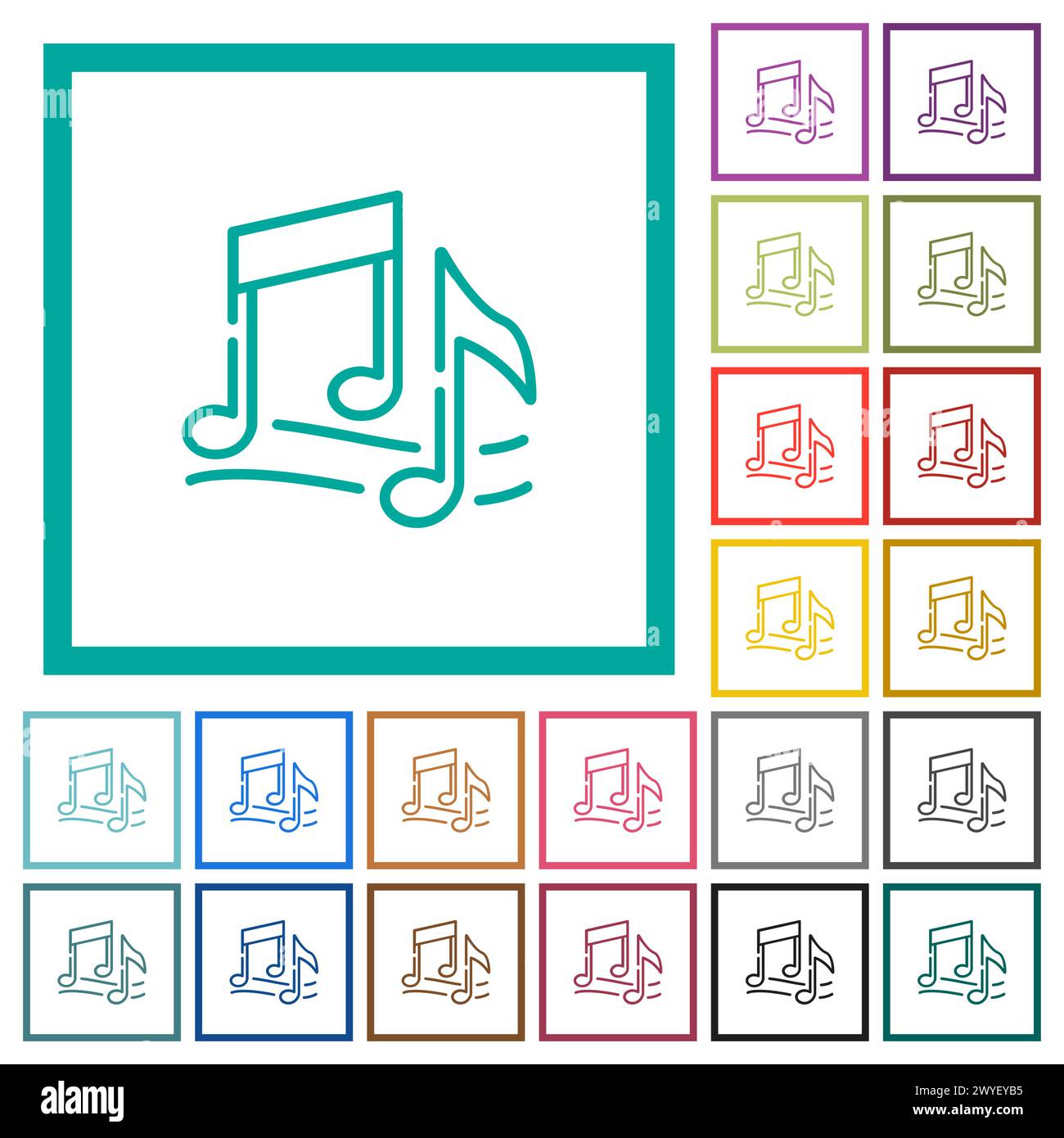 Music notes outline flat color icons with quadrant frames on white ...