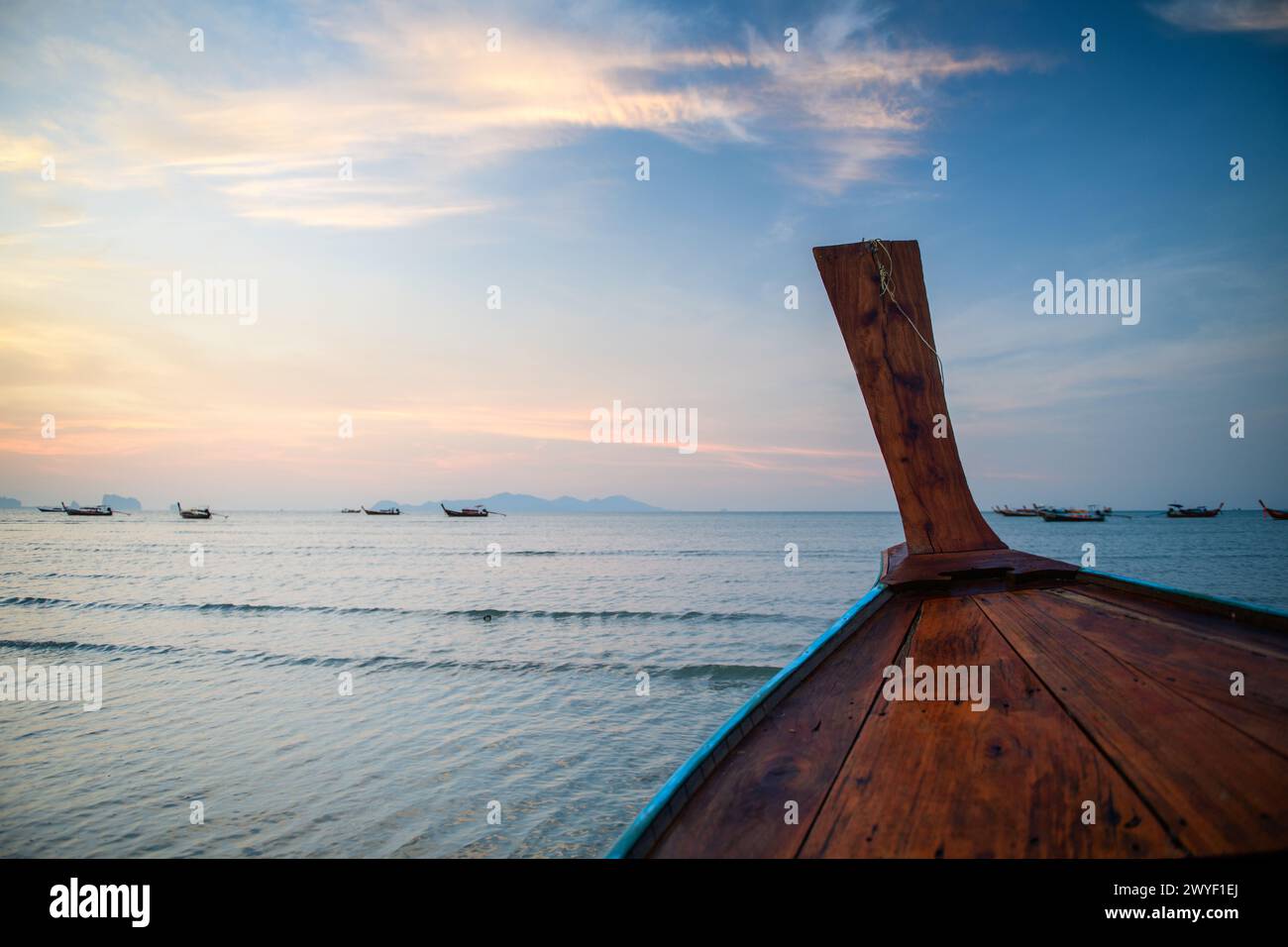 Around the bow of a long-tailed boat while sailing in the sea. On the way to travel to Koh Kradan, Trang Province. teavel sea of Thailand Stock Photo