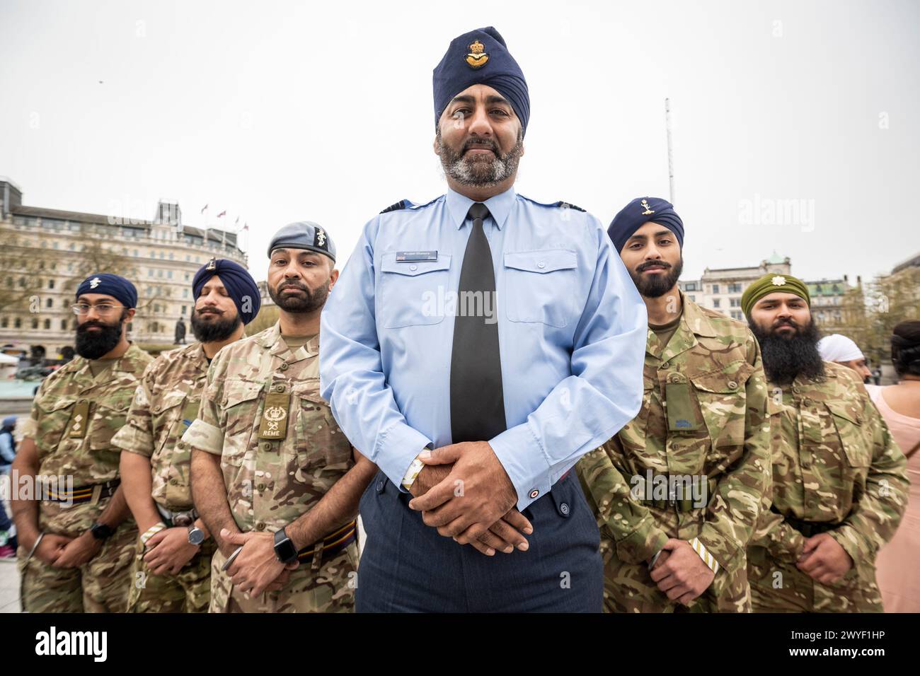 London, UK.  6 April 2024.  Members of the Sikh Defence Network (Army, Navy, Royal Air Force and Civil Service) pose for a photo during the Vaisakhi festival in Trafalgar Square.  The event marks the founding of Sikh community, the Khalsa in 1699, the spring harvest festival and is a celebration of Sikh and Punjabi culture.  Credit: Stephen Chung / Alamy Live News Stock Photo