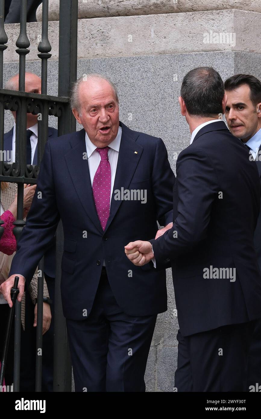 King Juan Carlos I of Spain during the wedding of Jose Luis Martinez-Almeida with Teresa Urquijo, at the San Francisco de Borja parish, April 6, 2024, Stock Photo