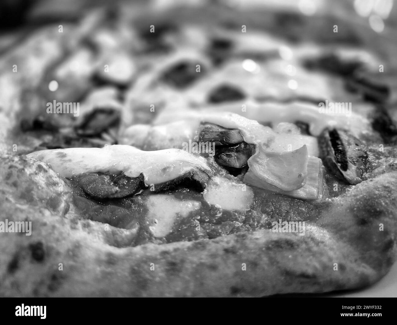 Tasty pizza close view background. Black and white pizza photo Stock Photo