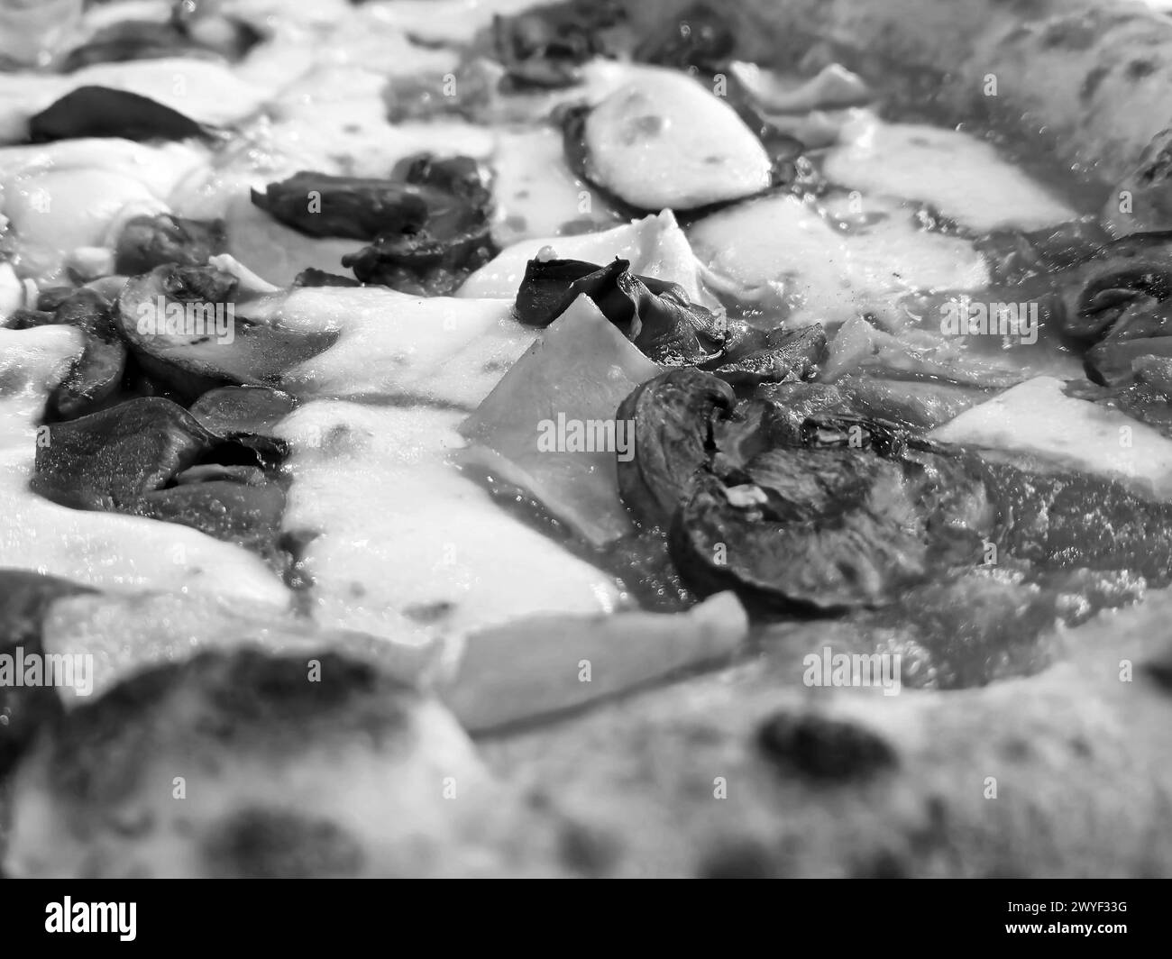 Tasty pizza close view background. Black and white pizza photo Stock Photo