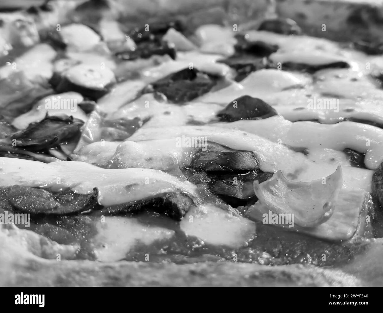 Tasty pizza close view background. Black and white pizza photo Stock Photo