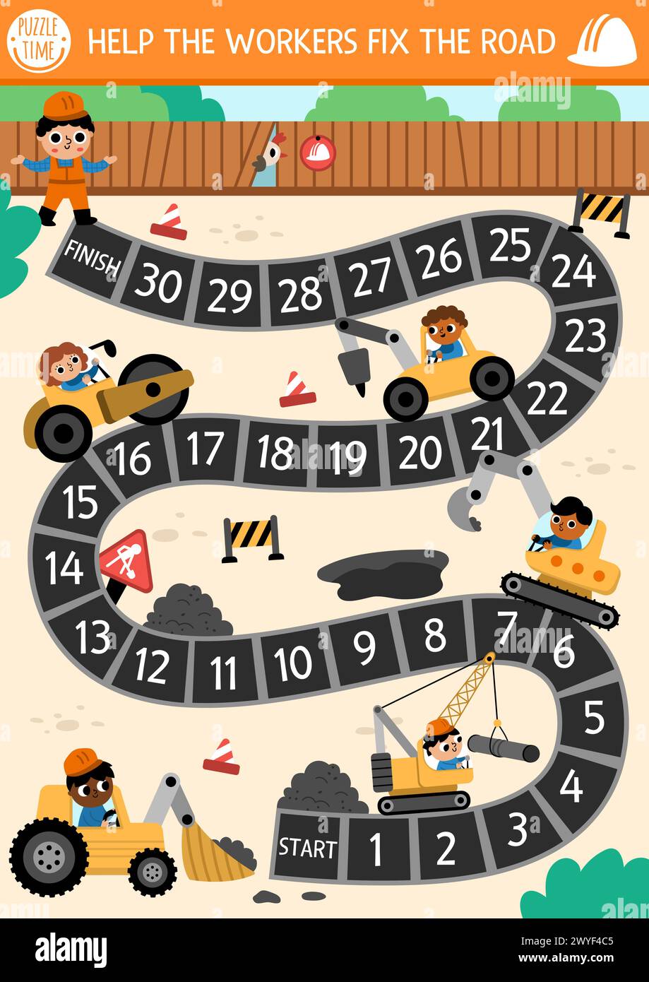 Road works dice board game for children with cute kid drivers, transport, bulldozer, tractor